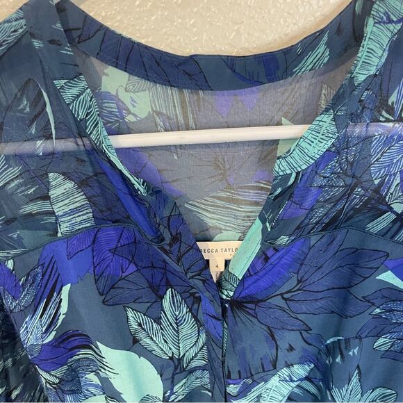 Rebecca Taylor Smocked Tahitian Flower 100% Silk Chiffon Dress Blue Floral Sz 4 - Picture 6 of 11